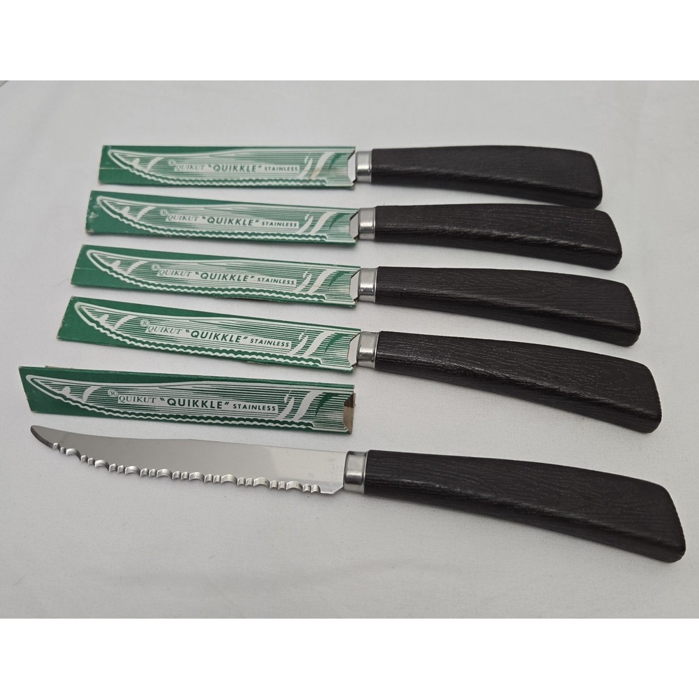 Vtg Quikut Steak Knives Set Of 5 Serrated Stainless Steel Brown Handle MCM Retro